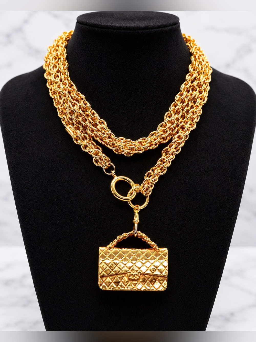 Rare Vintage CHANEL Triple Strand Classic Flap Bag Pendant Necklace